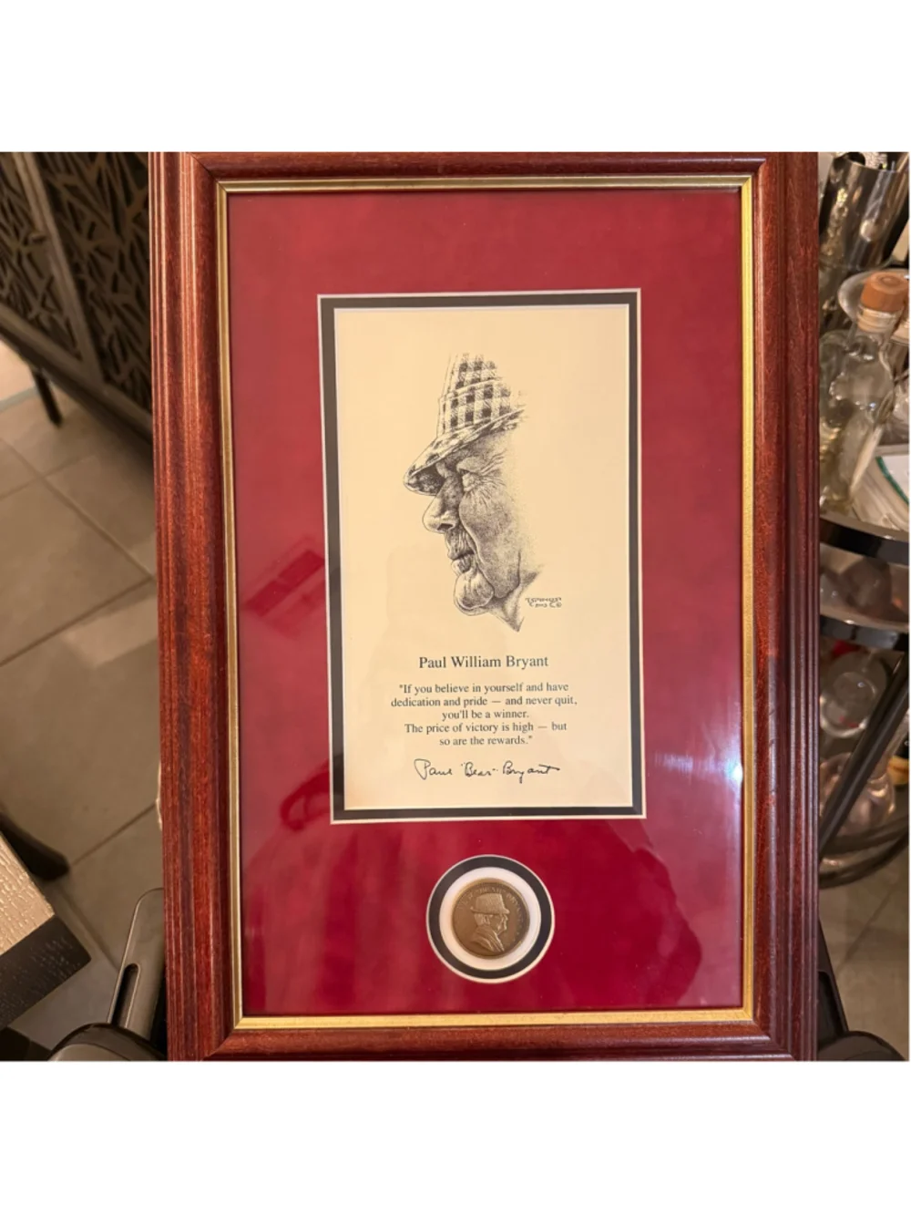 Paul Bear Bryant Framed Commemorative Art Print One Size Red Brown